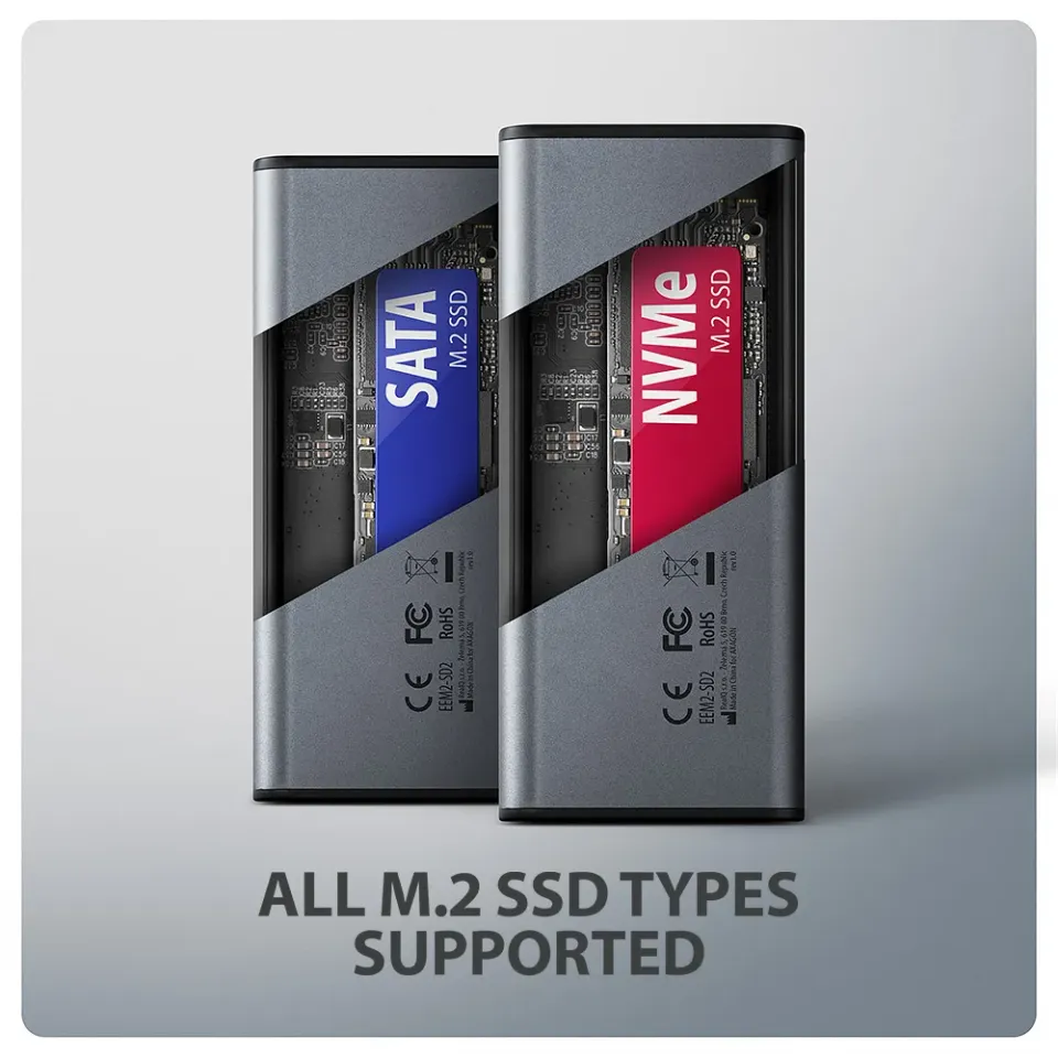 AXAGON EEM2-SD2, USB-C 10Gbps externí box s displejem pro M.2 NVMe/SATA SSD, bez