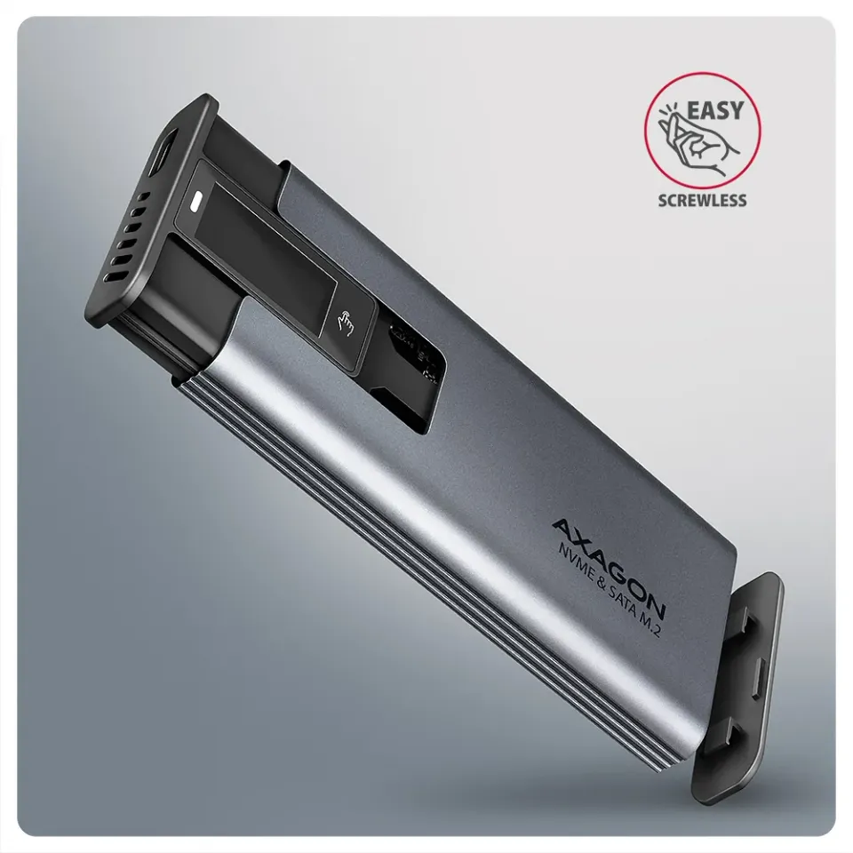 AXAGON EEM2-SD2, USB-C 10Gbps externí box s displejem pro M.2 NVMe/SATA SSD, bez