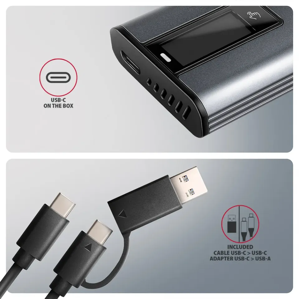 AXAGON EEM2-SD2, USB-C 10Gbps externí box s displejem pro M.2 NVMe/SATA SSD, bez