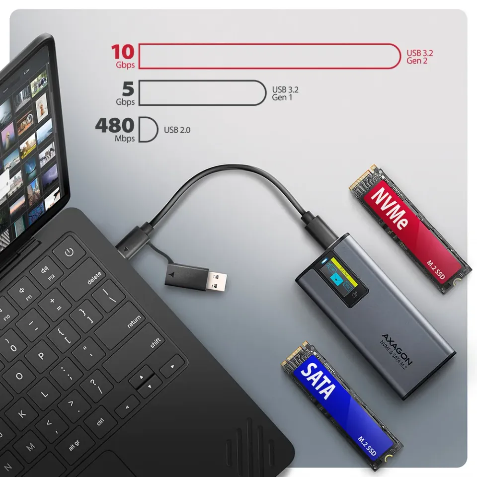 AXAGON EEM2-SD2, USB-C 10Gbps externí box s displejem pro M.2 NVMe/SATA SSD, bez