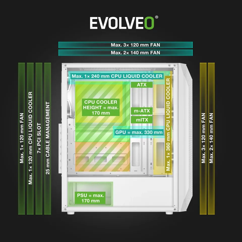 EVOLVEO Xenon, skříň ATX, 4x ARGB ventilátor 120mm, přední panel airflow mesh, b