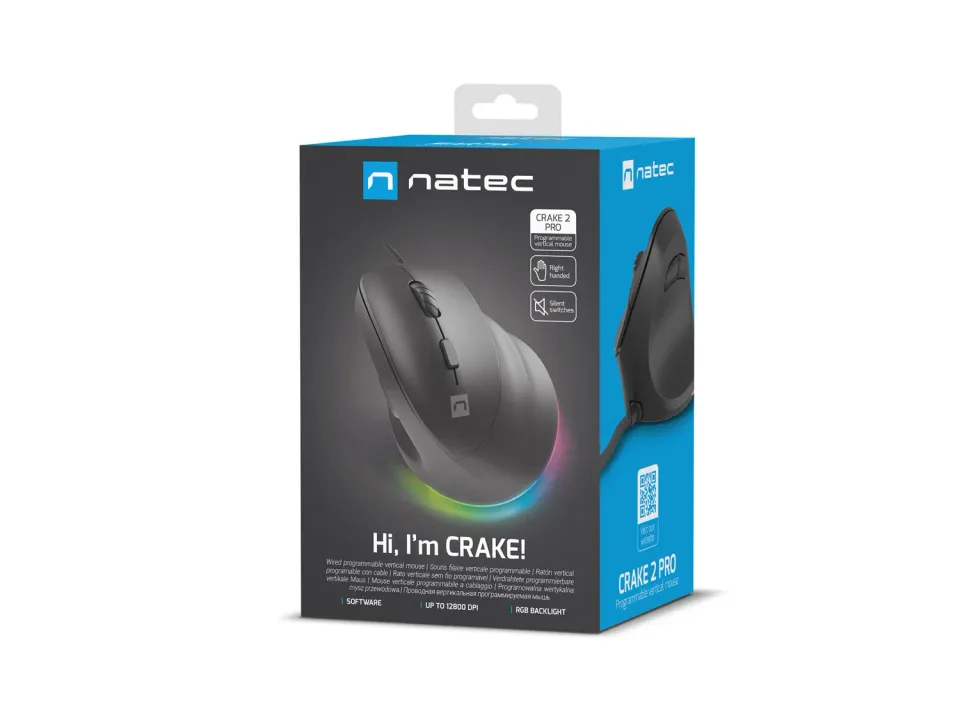 Vertikální myš Natec CRAKE 2 PRO/Vertikální/Optická/Pro praváky/12 400 DPI/Drátové USB-A/Černá