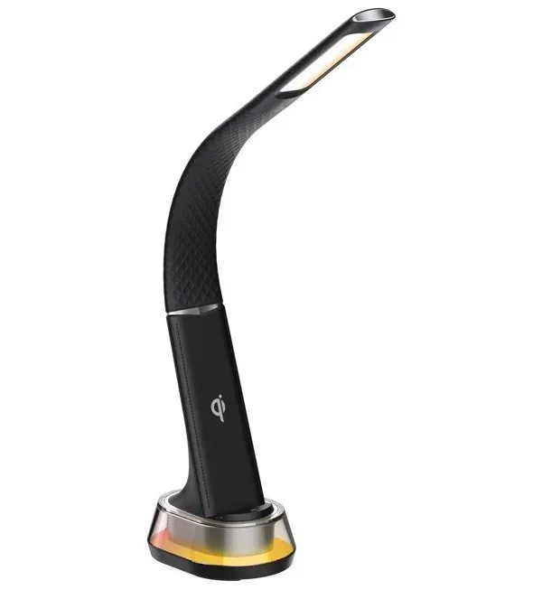 IMMAX LED stolní lampička CORELLA/ Qi nabíjení/ 7W/ 5V/2,1 A/ RGB podsvícení/ stmívatelná/ USB/ černá + stříbrné prvky