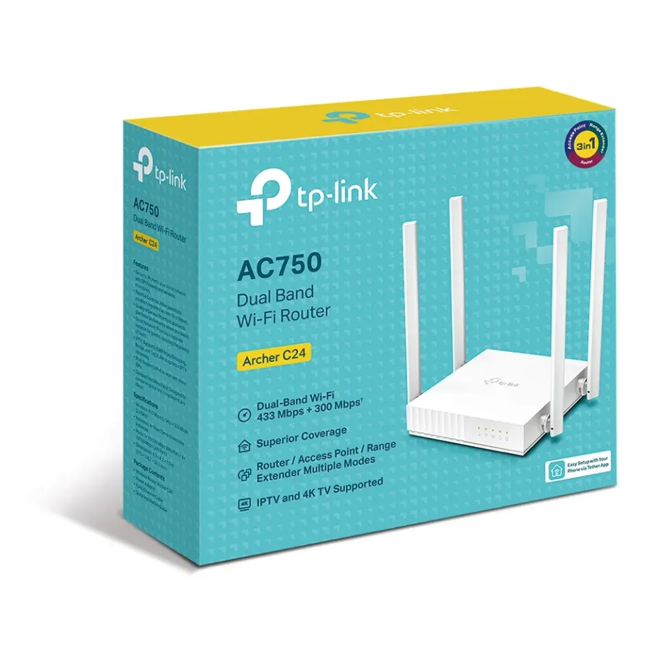 TP-LINK Archer C24 wifi AP/router AC750, 4xLAN, 1xWAN, (2,4GHz, 5GHz, ac) 300 + 433Mbit, 4x fix anténa