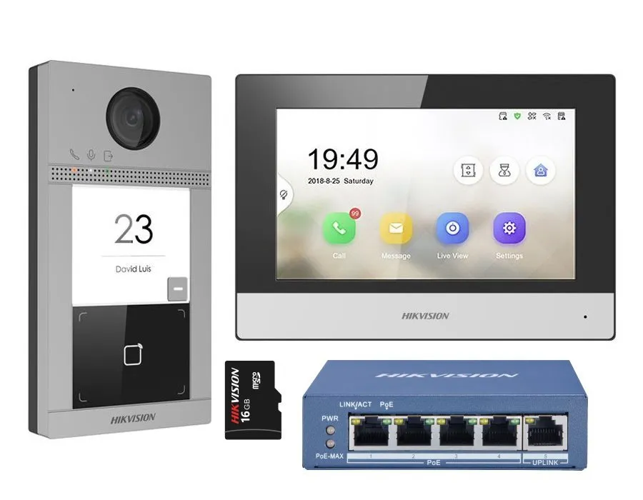 Hikvision DS-KIS604-S(C) - Kit IP videotelefonu, bytový monitor + dveřní stanice + switch + microSD