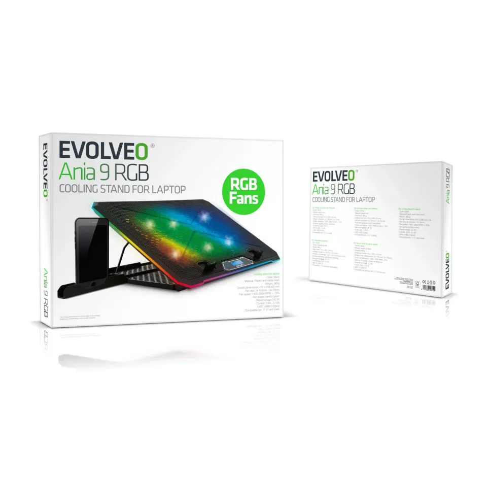 EVOLVEO Ania 9RGB, chladící podložka pod notebook, 6x ventilátor, RGB podsvícení