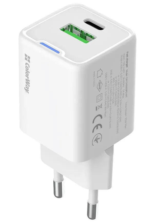 COLORWAY 1x USB-C/ síťová nabíječka/ GaN/ PD/ PPS/ QC/ 35W/ Včetně 100cm kabelu/ Bílá