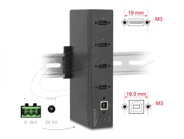 Delock Průmyslový rozbočovač ze 4 x USB 2.0 Typ-A s ochranou proti elektrostatic