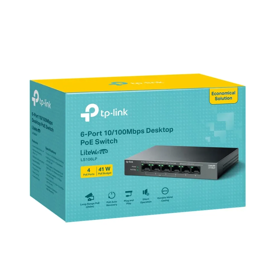 TP-Link LiteWave switch LS106LP (6x100Mb/s, 4xPoE, 41W, fanless)