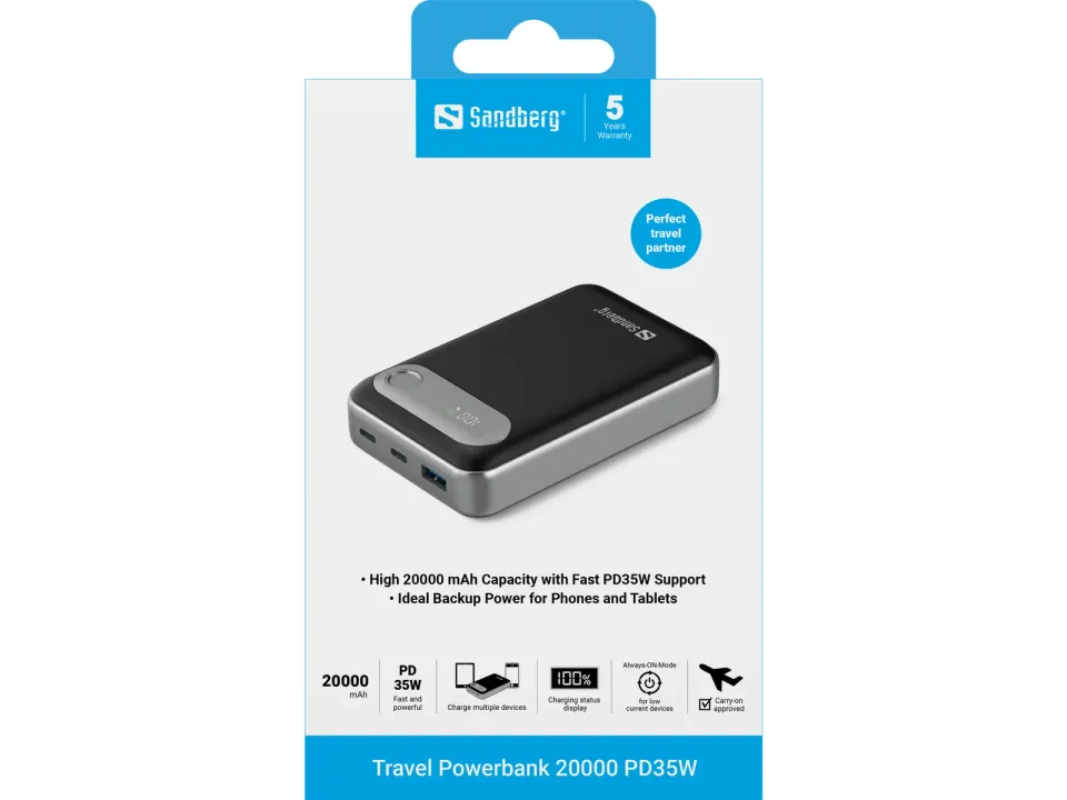 Sandberg Travel Powerbank 20000 mAh PD35W, kompaktní powerbanka s USB-C PD, černá