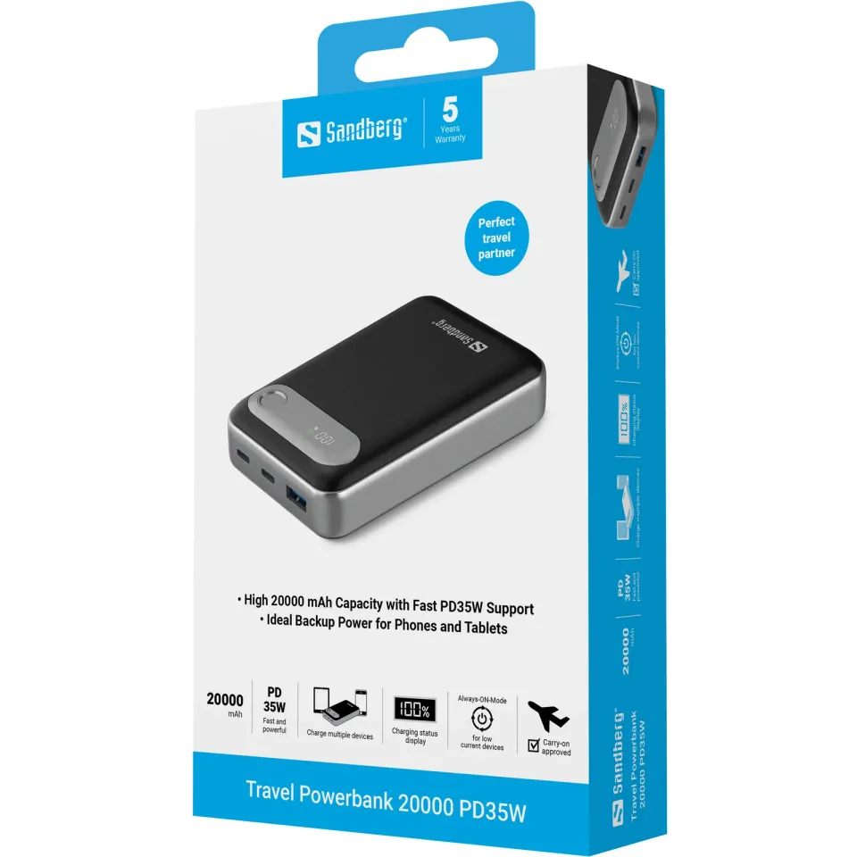 Sandberg Travel Powerbank 20000 mAh PD35W, kompaktní powerbanka s USB-C PD, černá