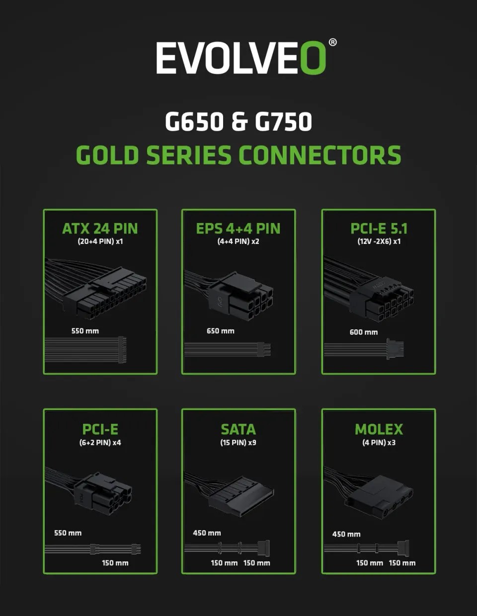 EVOLVEO G650 zdroj 650W, 80+ GOLD, ATX 3.1, PCIe 5.1, aPFC, 140mm ventilátor, mo