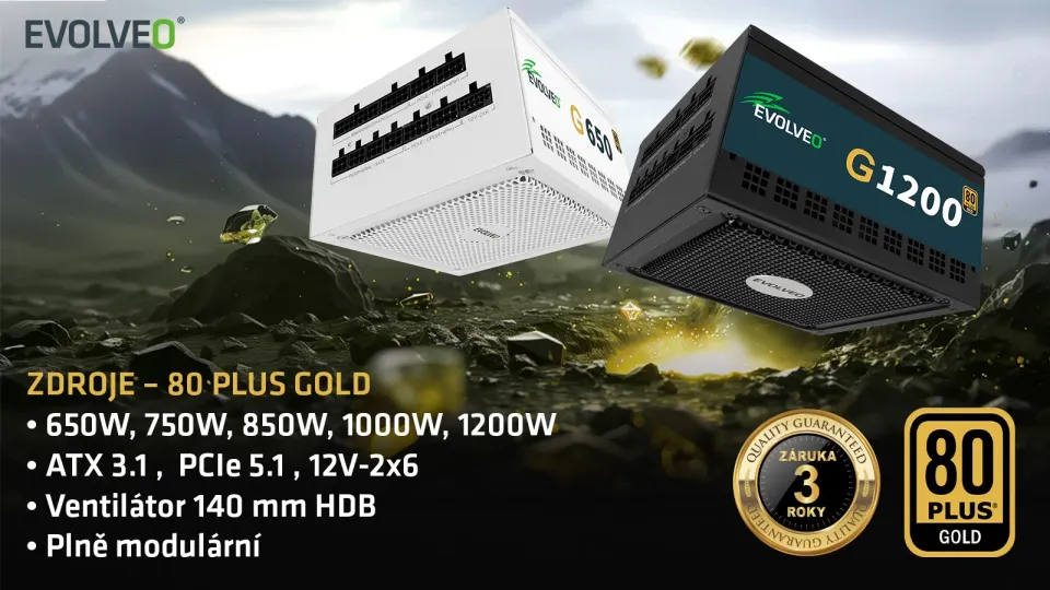 EVOLVEO G650 zdroj 650W, 80+ GOLD, ATX 3.1, PCIe 5.1, aPFC, 140mm ventilátor, mo