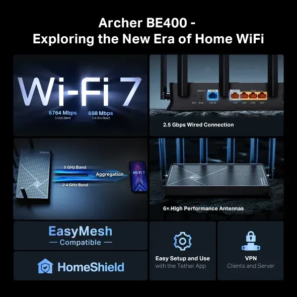 TP-Link Archer BE400 - Dvoupásmový Wi-Fi 7 router BE6500
