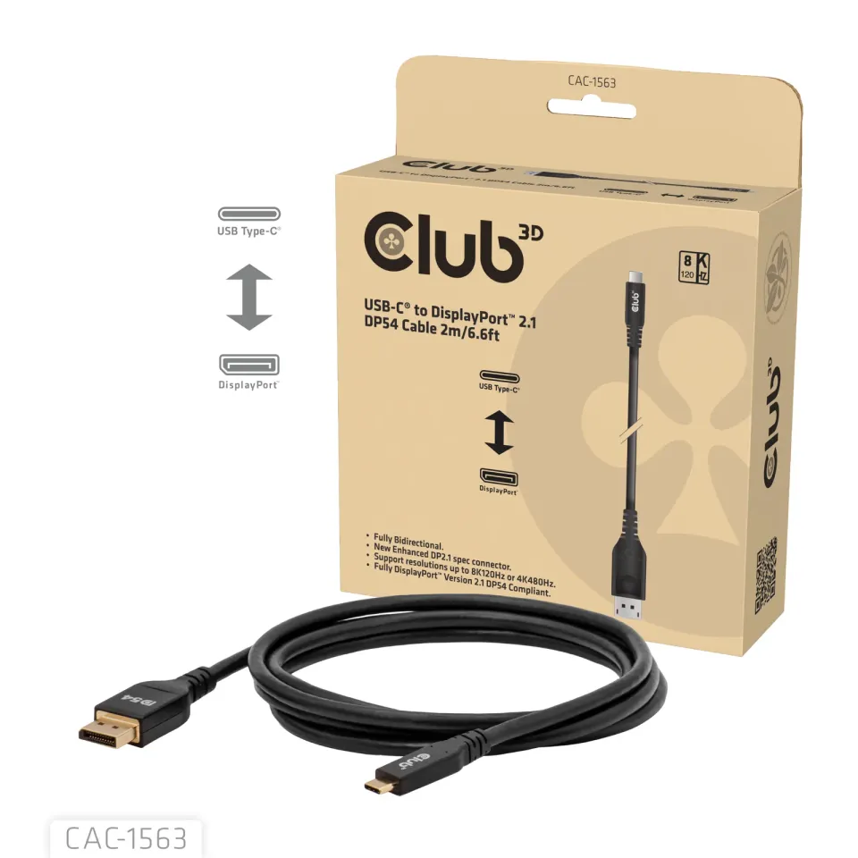 Club3D Kabel USB-C na DisplayPort 2.1 DP54 Bi-Directional, 8K120Hz, 4K480Hz, 2m