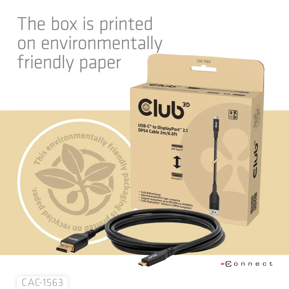 Club3D Kabel USB-C na DisplayPort 2.1 DP54 Bi-Directional, 8K120Hz, 4K480Hz, 2m