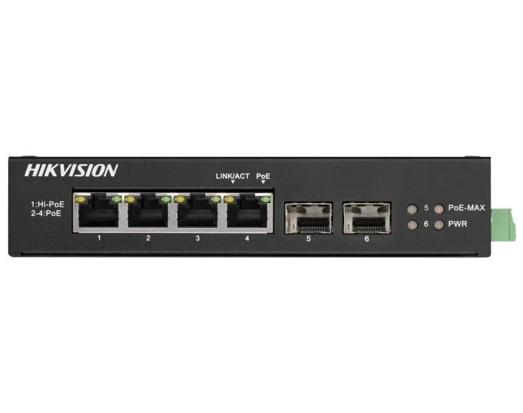 Hikvision DS-3T0506HP-E/HS - Průmyslový switch, 4x Gb PoE (1x Hi-PoE) + 2x Gb SFP, 60W, Super PoE, se zdrojem