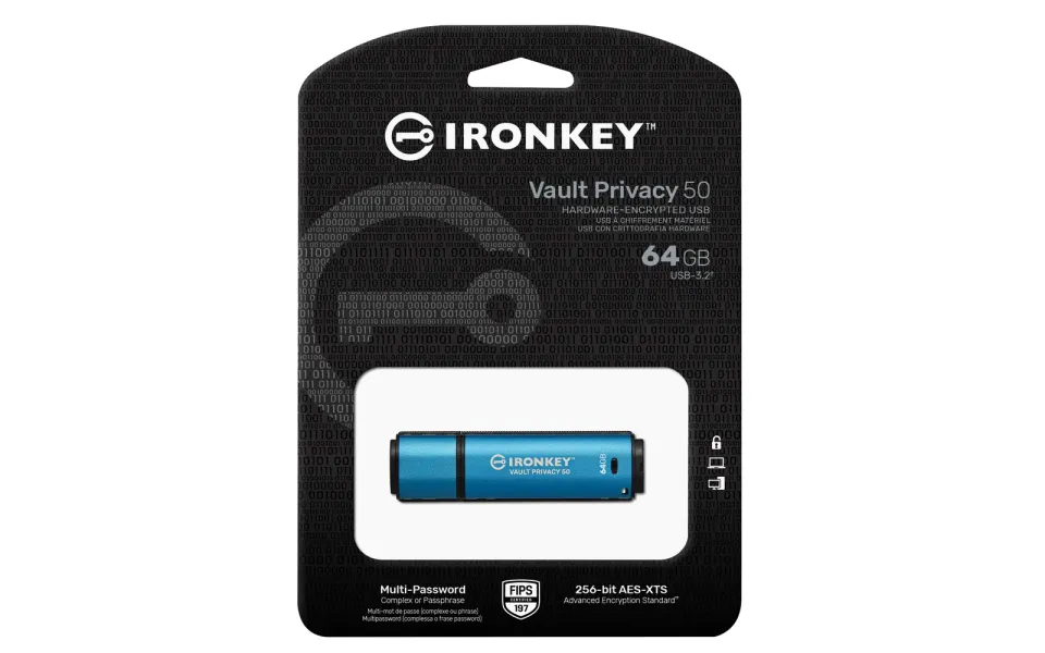 Kingston IronKey Vault Privacy 50/64GB/USB 3.2/USB-A/Modrá