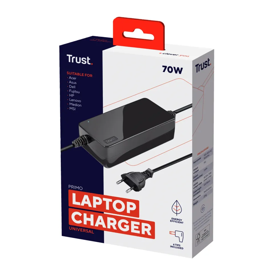 TRUST Univerzální napájecí adaptér pro notebooky Primo 70W-19V Laptop Charger