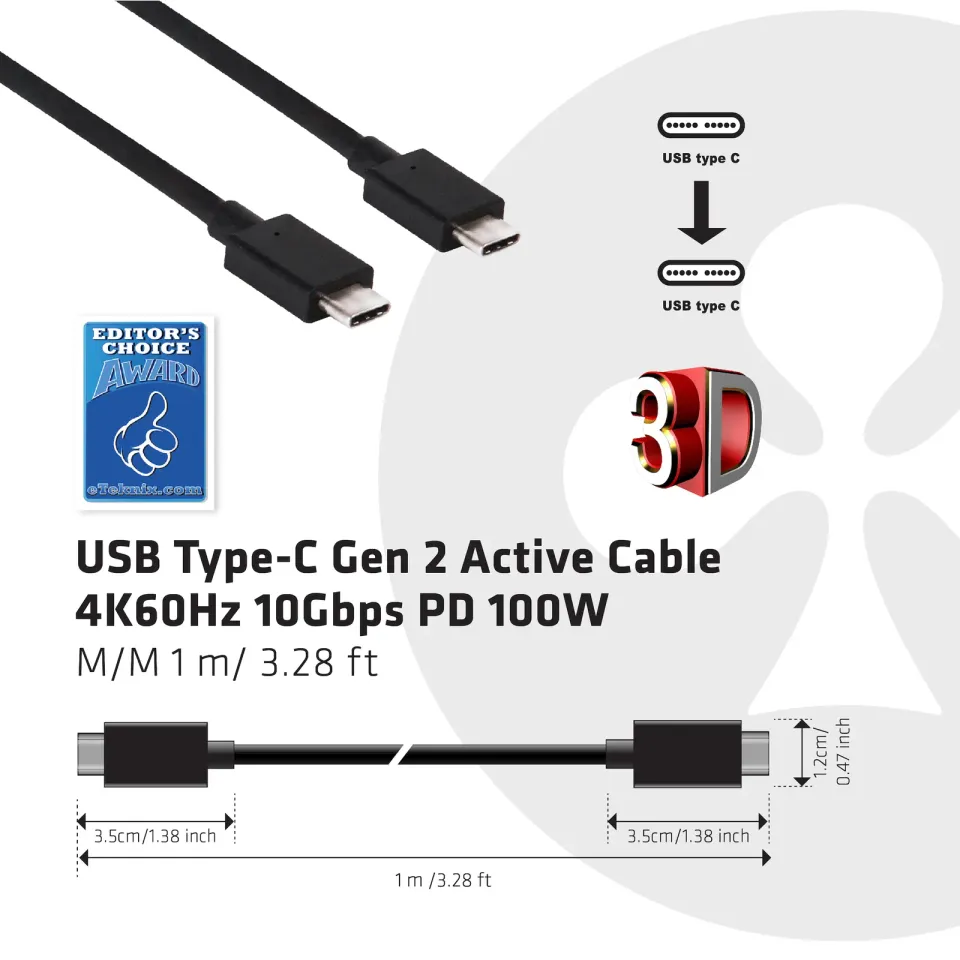 Club3D Kabel USB 3.1 typ C Gen2 4K60Hz UHD Power Delivery 100W, (M/M), 80cm