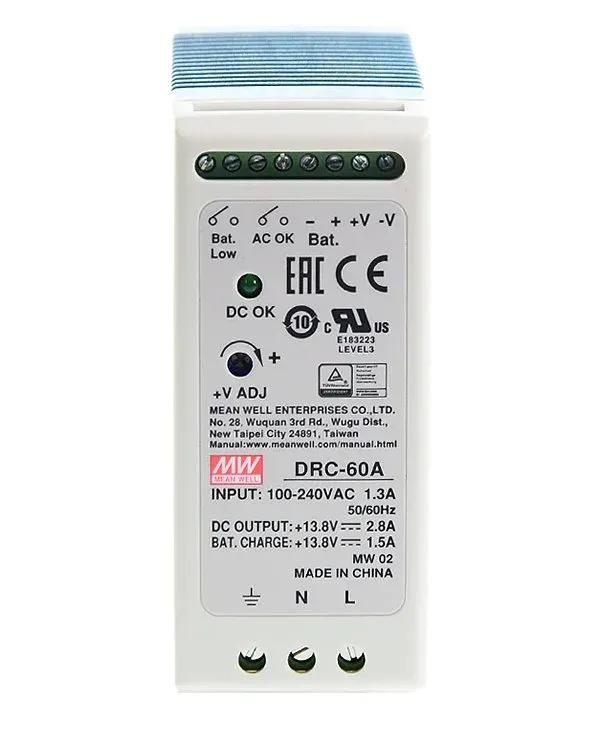 MEANWELL DRC-60A Zdroj 12-15V/2,8A, výstup na baterii 1,5A, DIN