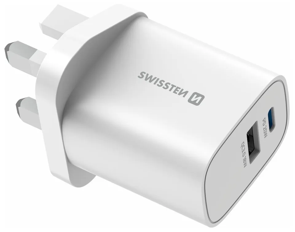 Swissten Síťový Adaptér Edge GaN 1x USB-C PD 20W + 1x USB-A 18W QC, Pro UK Zásuvku Bílý