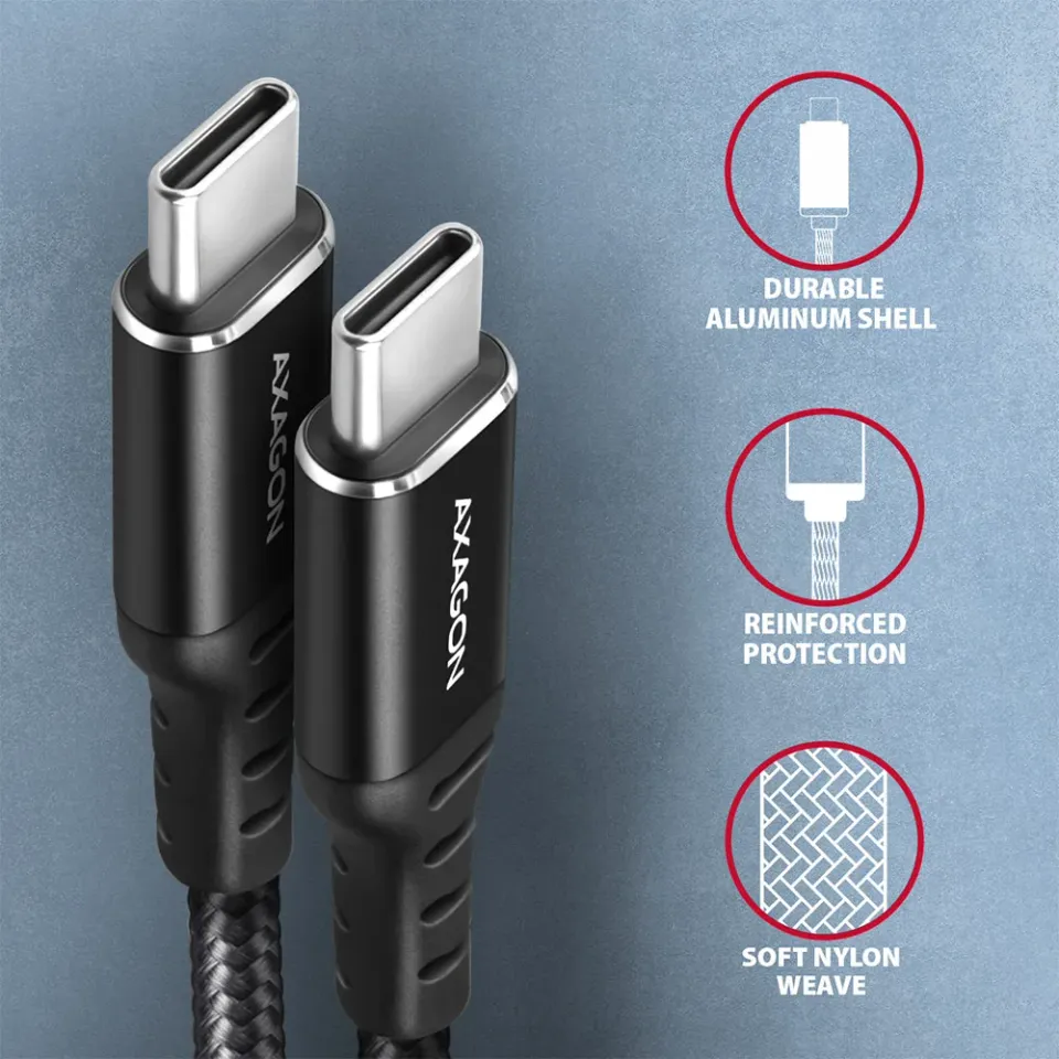 AXAGON BUCM-CM15AB, HQ kabel USB-C <-> USB-C, 1.5m, USB 2.0, PD 60W 3A, ALU, opl