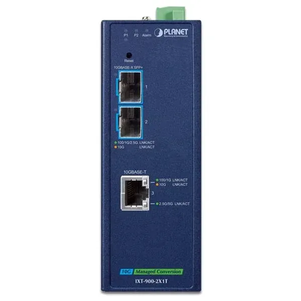 Planet IXT-900-2X1T průmyslový konvertor 1x 10G Base-T / 2x SFP+ 10GBase-X, IP40, -40~75°C, dual power, SNMP