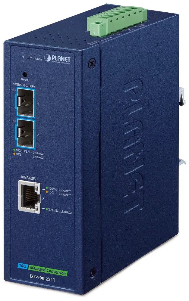 Planet IXT-900-2X1T průmyslový konvertor 1x 10G Base-T / 2x SFP+ 10GBase-X, IP40, -40~75°C, dual power, SNMP