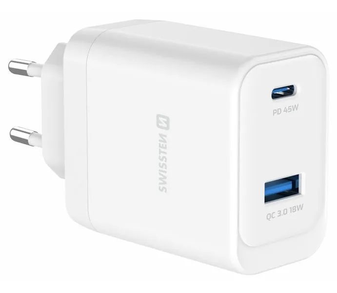 Swissten Síťový Adaptér Core GaN 1x USB-C 45W PD + 1x USB-A 18W QC Bílý