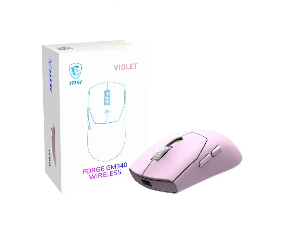 MSI herní myš FORGE GM340 Wireless Violet/ bezdrátová/ 12.000 dpi/ 2,4GHz/ BT5.2/ USB/ 6 tlačítek/ růžová