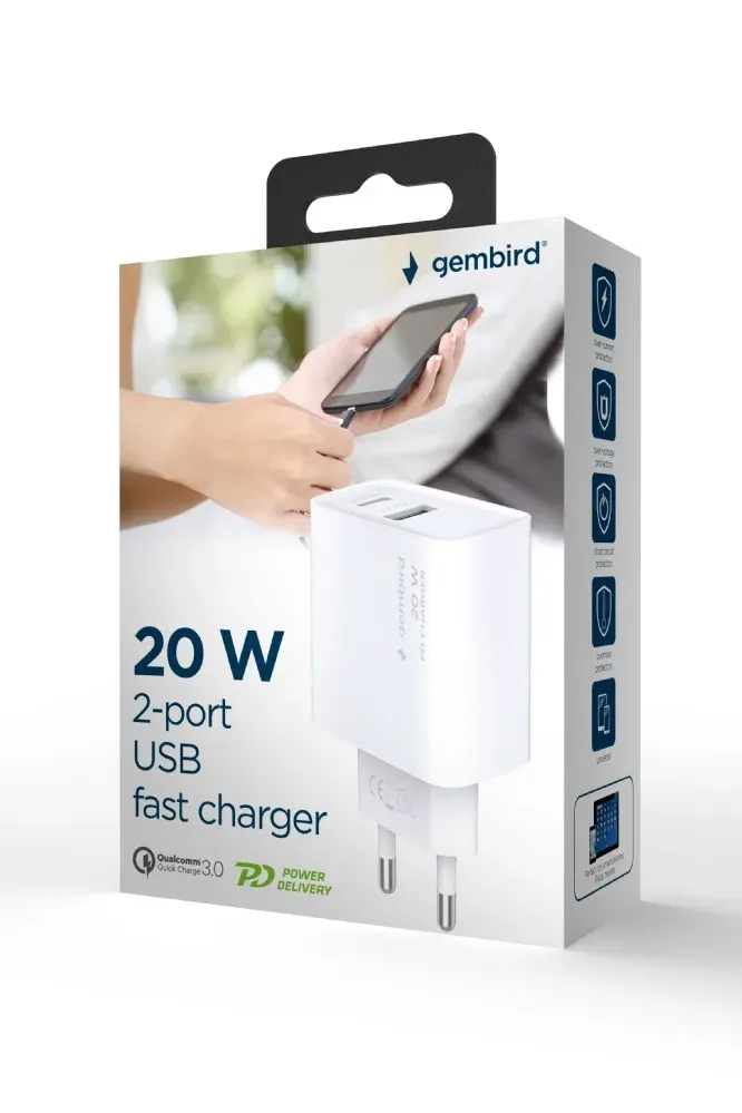 Gembird Síťová nabíječka 20W, USB-A, USB-C, bílá