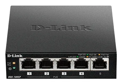 D-Link DGS-1005P 5-port Gigabit Desktop PoE+ Switch, 4 porty jsou PoE+, PoE budget 60W