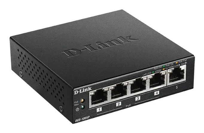 D-Link DGS-1005P 5-port Gigabit Desktop PoE+ Switch, 4 porty jsou PoE+, PoE budget 60W