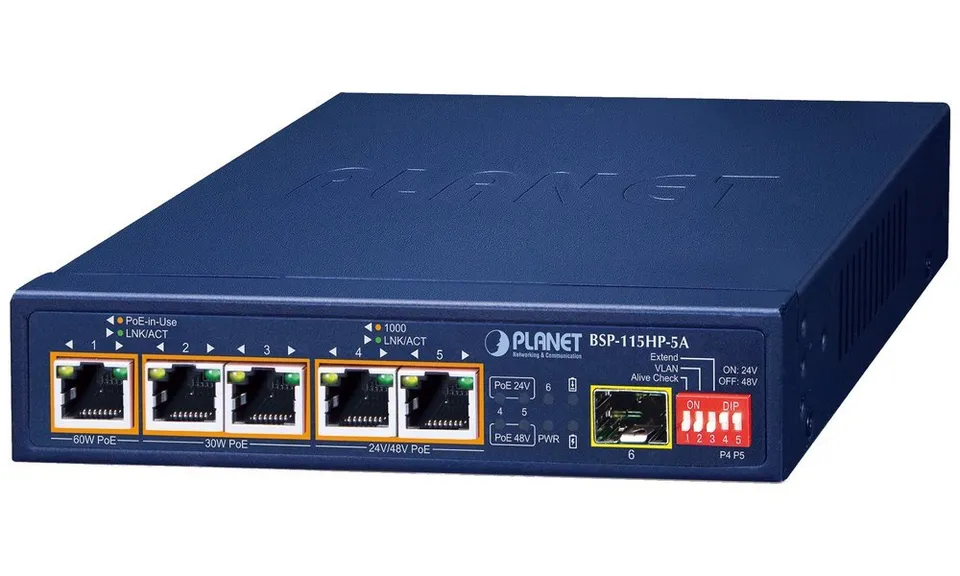 Planet BSP-115HP-5A Hybridní PoE solární switch, 5x 1Gb, 1x SFP, 1x PoE++ 802.3bt, 2x 802.3at, 2x at/pasivní, -20~65°C