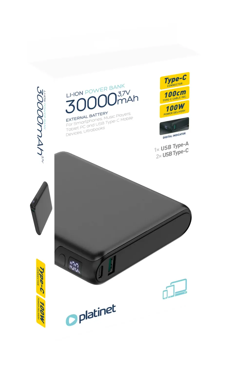 Platinet Powerbanka 30000 mAh 100W Power Delivery, 2xUSB-C, 1xUSB-A, černá