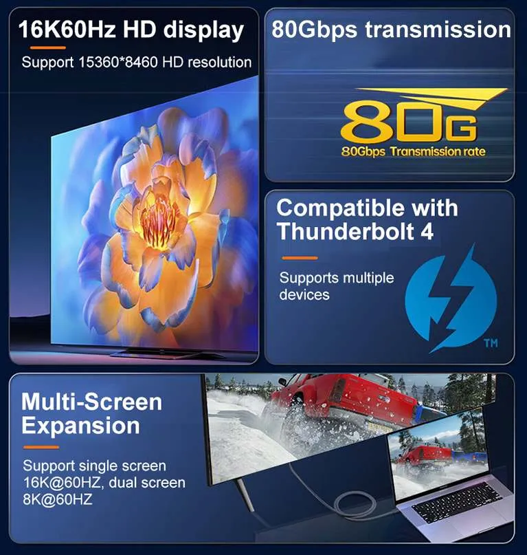 PremiumCord USB4 Version2.0 80Gbps 16K@60Hz 240W Thunderbolt 3 a 4 kabel zahnutý