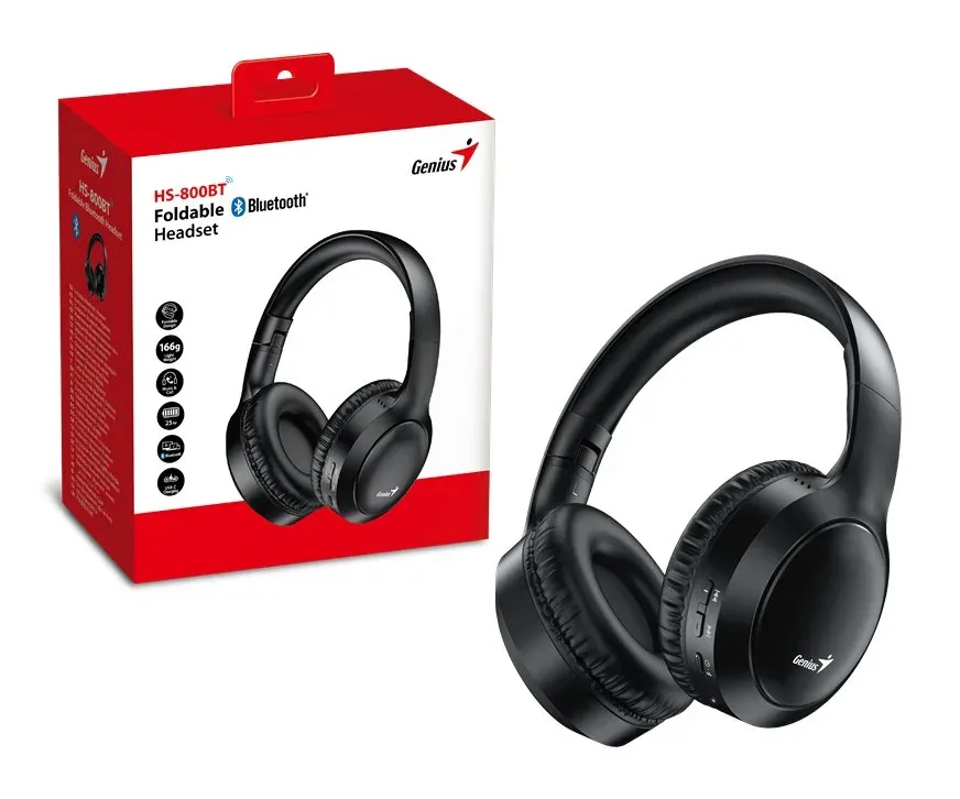 Genius HS-800BT, Headset, náhlavní, bezdrátový, skládací, mikrofon, 40mm měniče,