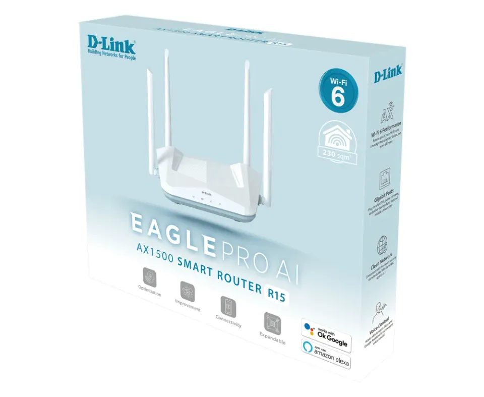D-Link R15 Wireless AX1500 Wi-Fi 6 Router Eagle Pro AI, 3x gigabit RJ45