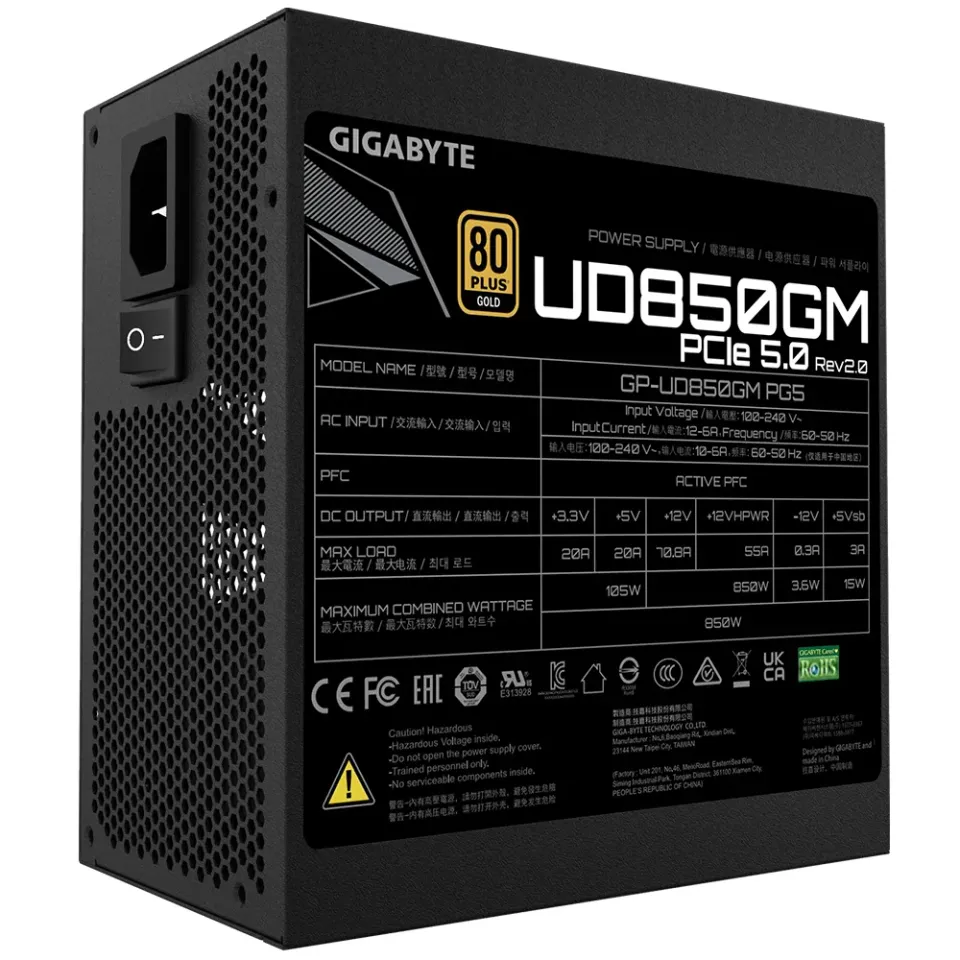 GIGABYTE zdroj UD850GM PG5 V2 850W, 120mm, Plně modulární, 80 Plus Gold, ATX 3.1