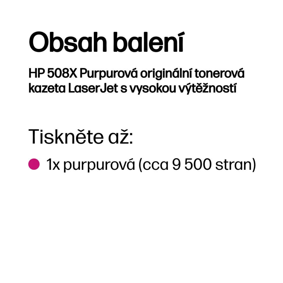 HP CF363X originální toner purpurový č.508X velký cca 9500 str. (magenta, HP CLJ M552, M553, purpurová, ColorSphere 3 Jetintelligence )