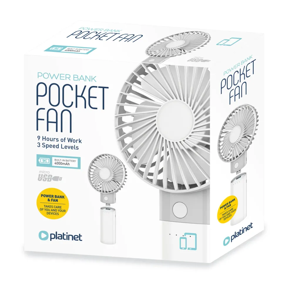 Platinet PRDF6107 kapesní ventilátor 10 cm, funkce powerbanky 4000 mAh, bílá-šedá