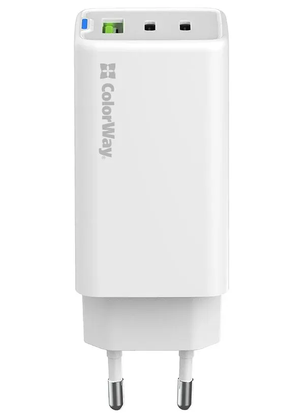 COLORWAY 2x USB-C, 1x USB-A/ síťová nabíječka/ GaN/ PD/ PPS/ 65W/ Včetně 2x kabelů, USB-C-USB-C, USB-C-Lightning/ Bílá