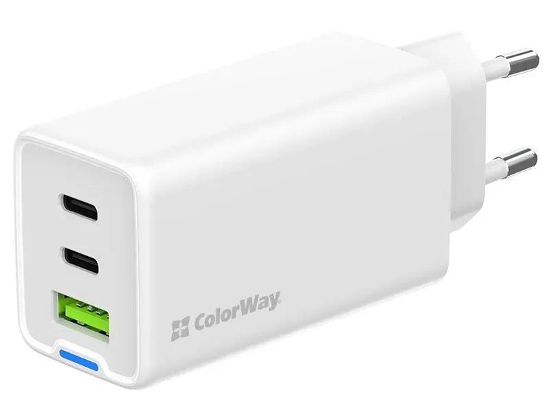 COLORWAY 2x USB-C, 1x USB-A/ síťová nabíječka/ GaN/ PD/ PPS/ 65W/ Včetně 2x kabelů, USB-C-USB-C, USB-C-Lightning/ Bílá