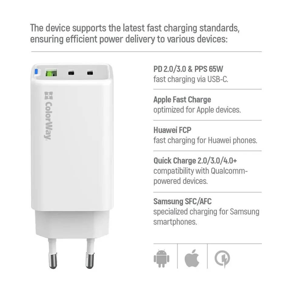 COLORWAY 2x USB-C, 1x USB-A/ síťová nabíječka/ GaN/ PD/ PPS/ 65W/ Včetně 2x kabelů, USB-C-USB-C, USB-C-Lightning/ Bílá