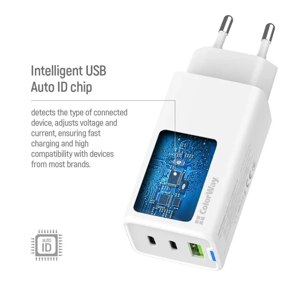 COLORWAY 2x USB-C, 1x USB-A/ síťová nabíječka/ GaN/ PD/ PPS/ 65W/ Včetně 2x kabelů, USB-C-USB-C, USB-C-Lightning/ Bílá