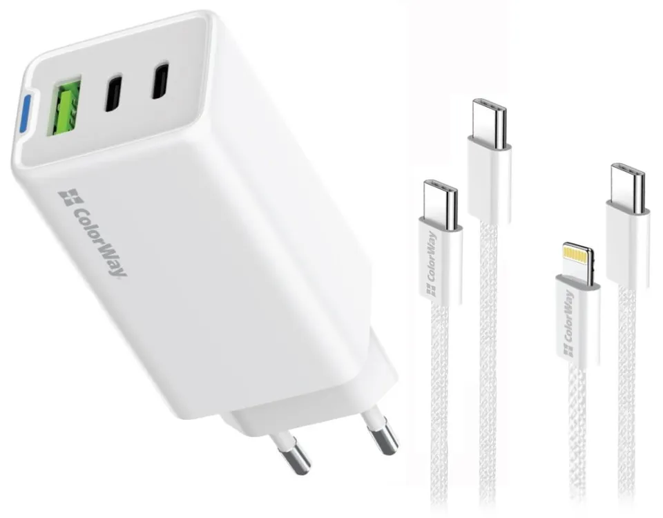 COLORWAY 2x USB-C, 1x USB-A/ síťová nabíječka/ GaN/ PD/ PPS/ 65W/ Včetně 2x kabelů, USB-C-USB-C, USB-C-Lightning/ Bílá