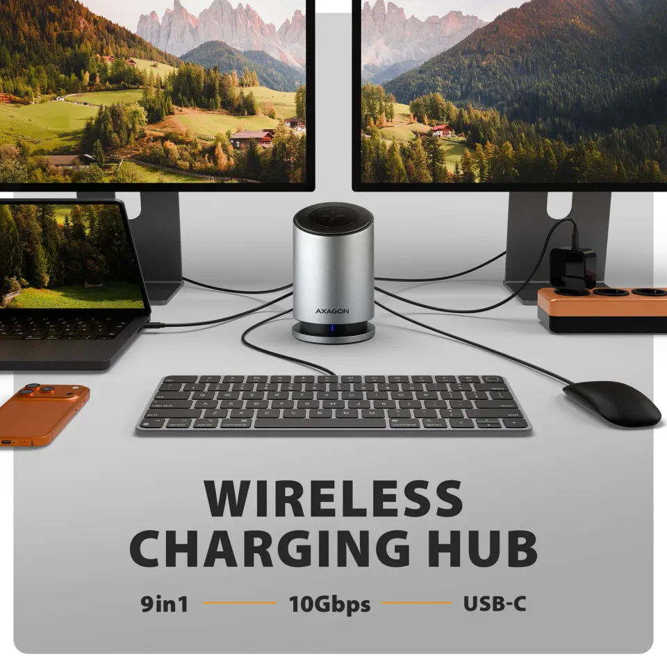 AXAGON HMC-WL9, USB 10Gbps hub s Qi, 3x USB-A, USB-C, HDMI & DP 4k/60Hz, RJ-45 G