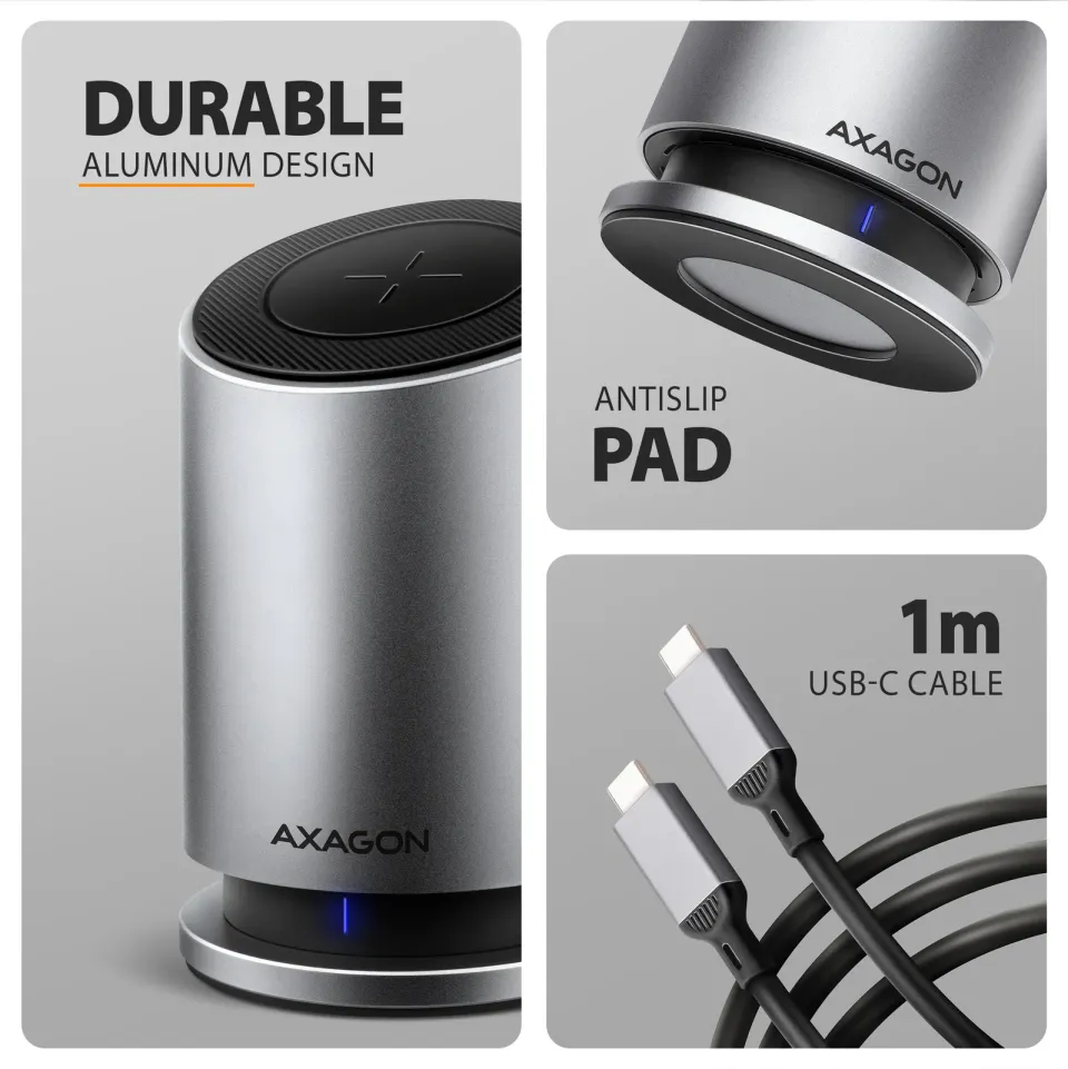 AXAGON HMC-WL9, USB 10Gbps hub s Qi, 3x USB-A, USB-C, HDMI & DP 4k/60Hz, RJ-45 G