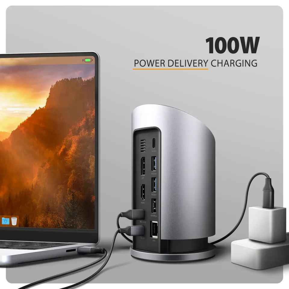 AXAGON HMC-WL9, USB 10Gbps hub s Qi, 3x USB-A, USB-C, HDMI & DP 4k/60Hz, RJ-45 G